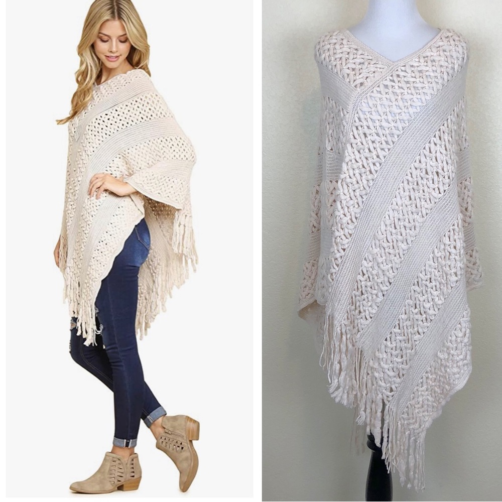 SOLD NWT Riah Fashion Knit Frinch Ivory Poncho
